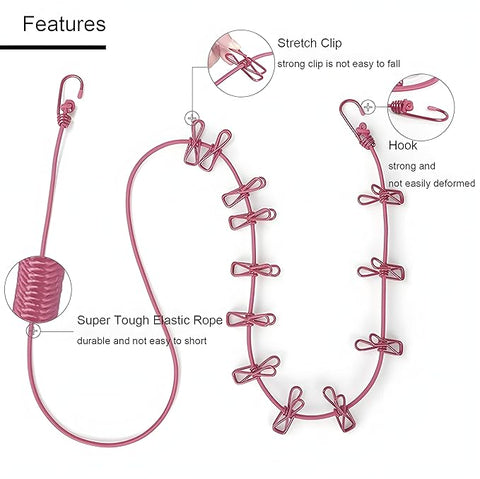 Portable Travel Elastic Clothesline Rope with 12 Clips (Get any 2 Random Colored Pieces at just 499 Rs)